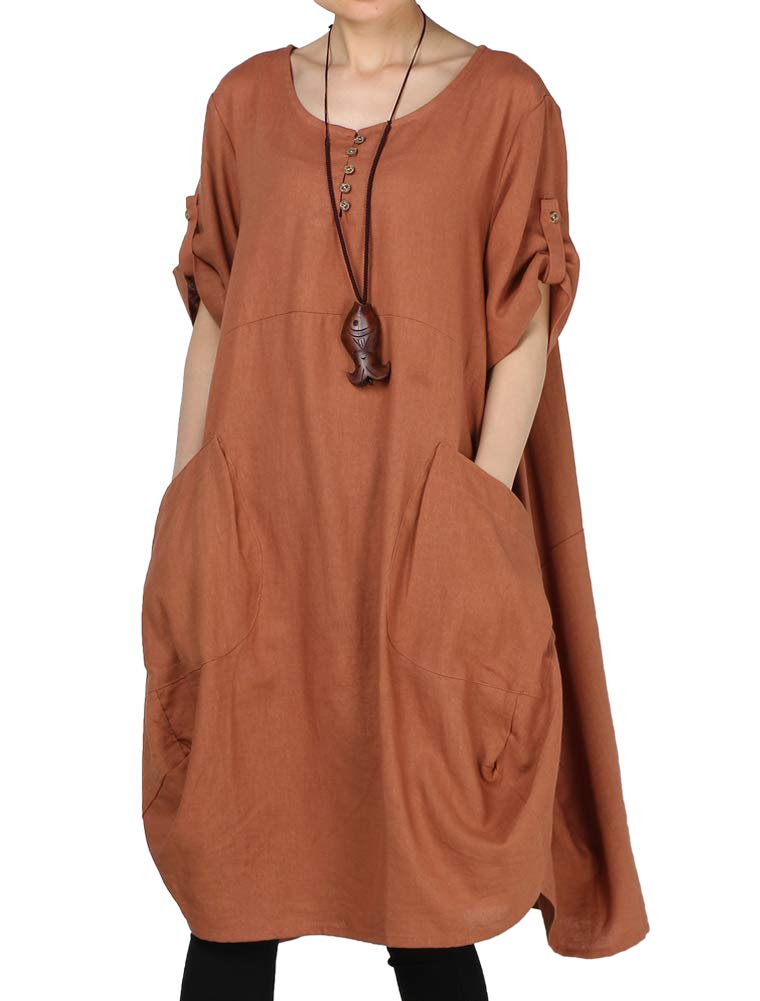 LaovanIn Women's Plus Size Tunic Dress Summer Cotton Linen T Shirt Knee-Length Dresses Medium Brown - Image 1